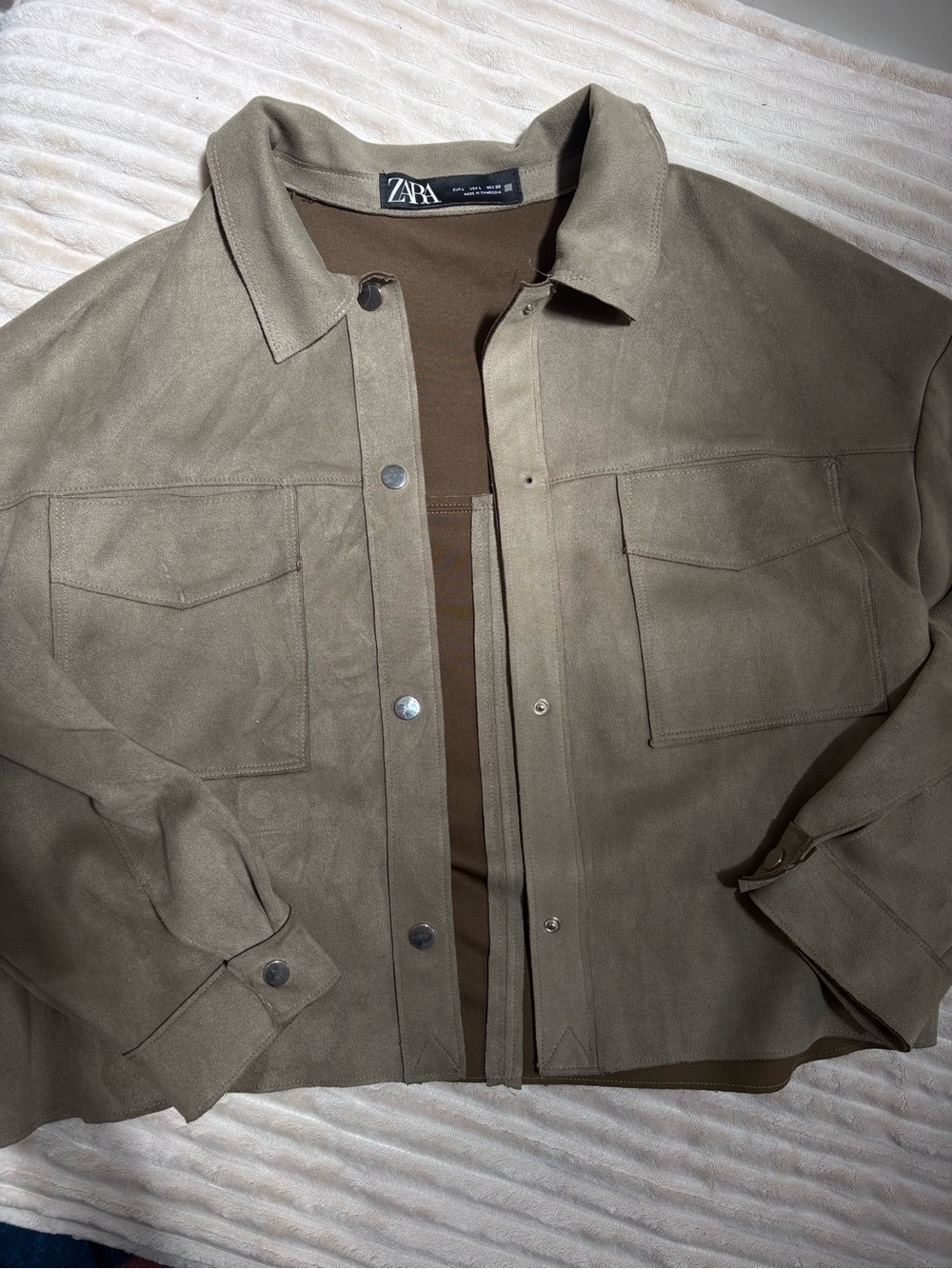 ZARA Olive Suede-Look Lightweight Shirt Jacket